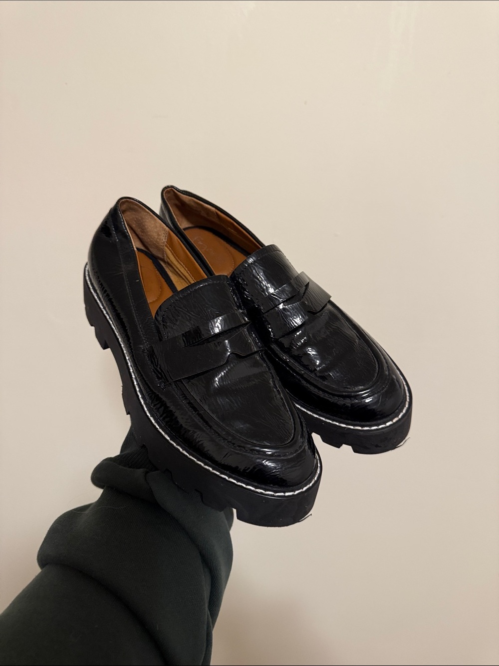 Franco Sarto Balin Slip On Work Office Grunge Black Patent Chunky Penny Loafers
